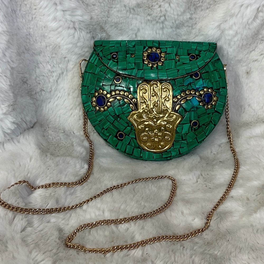 NEW RAMLA Moroccan Handmade Mosaic Clutch with embossed Hamsa Hand & chain strap